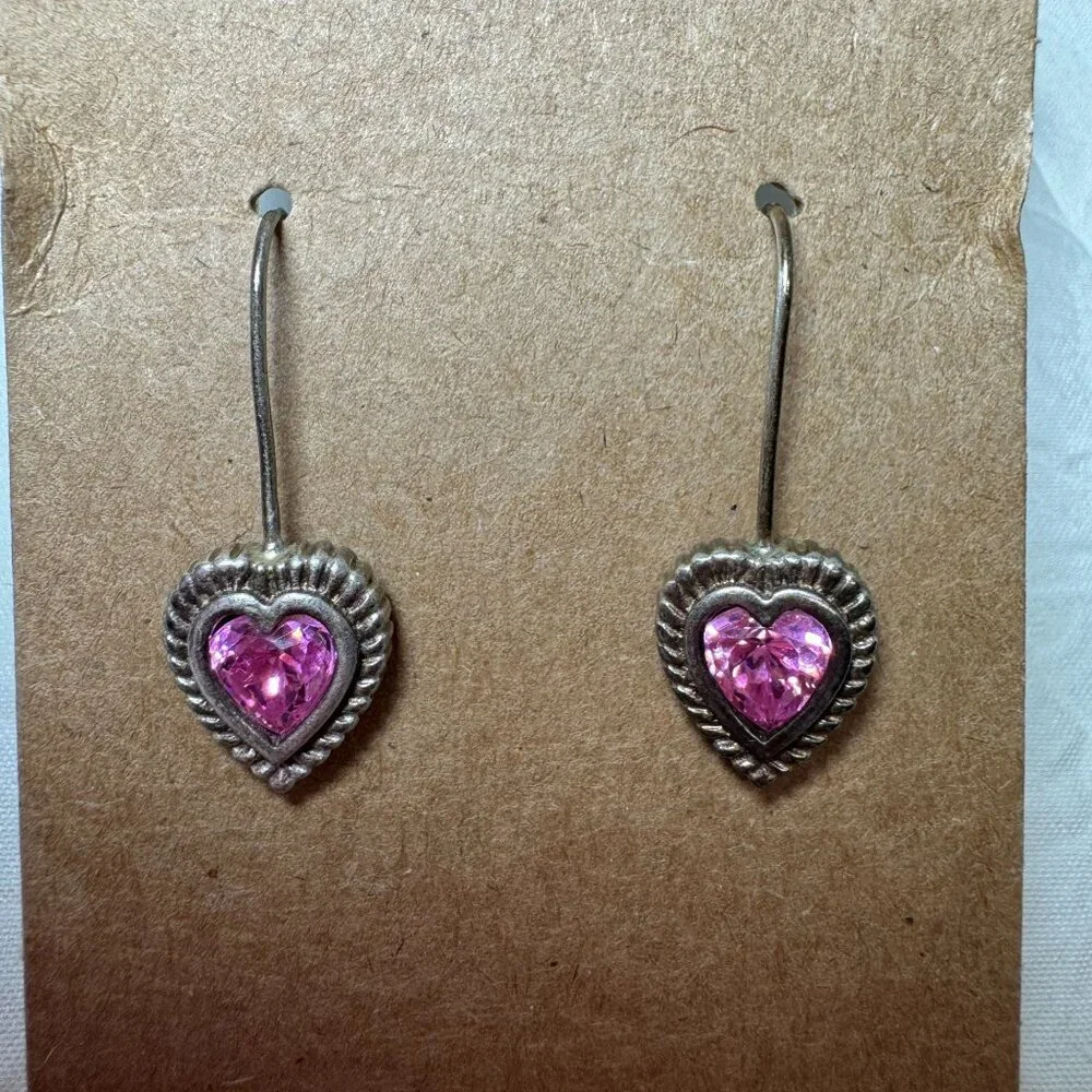 Heart-Shaped Pink Stone Sterling Silver Marked CA 925 Hook Dangle Drop Earrings - Picture 1 of 6